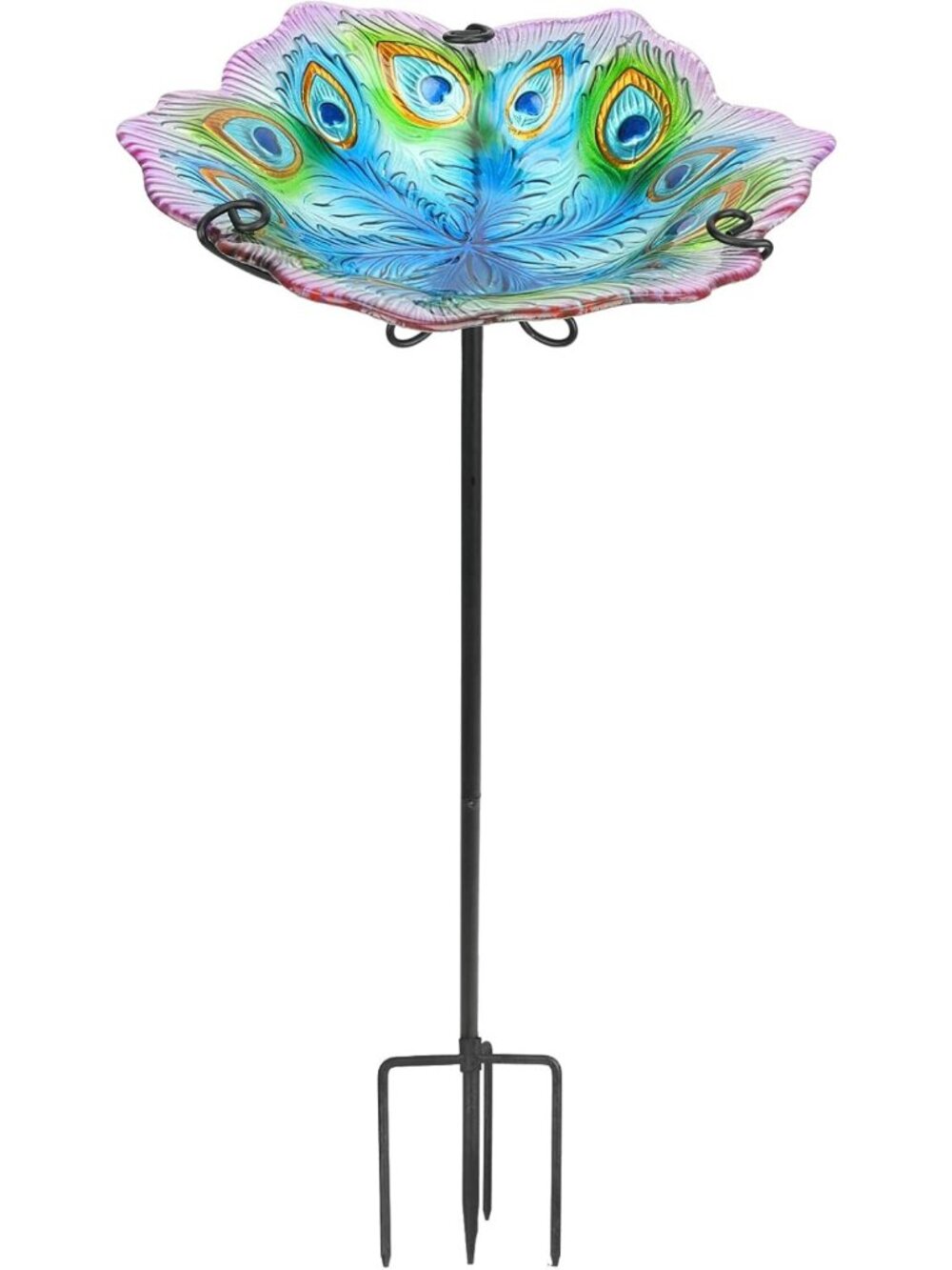 Stained Glass Peacock Bird Bath - 25" Outdoor Bird Feeder with Metal Stake, Easy